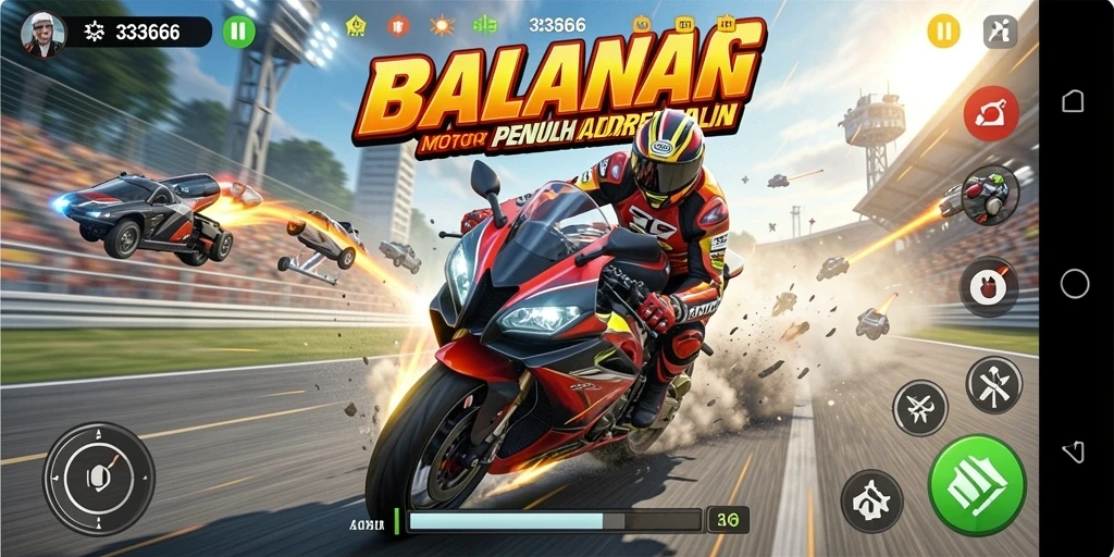 Gameplay seru dan mendebarkan dari 333666 saat balapan motor.