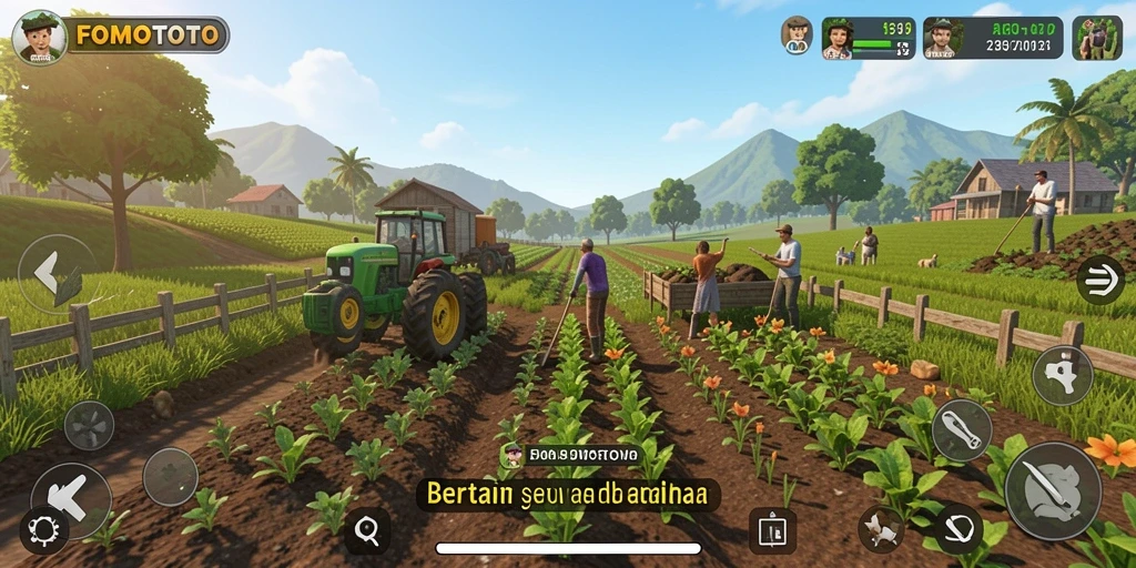 Screenshot gameplay FOMOTOTO menunjukkan kebun yang indah dan tanaman subur.