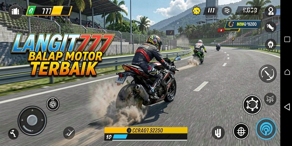 Tangkapan layar menunjukkan aksi balapan motor yang mendebarkan.