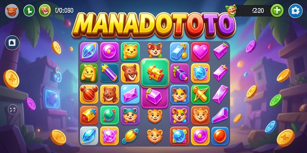 Screenshot MANADOTOTO menampilkan gameplay Match-3 yang seru dan penuh warna.