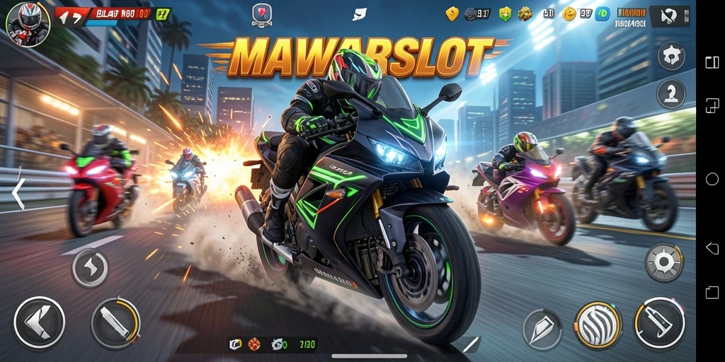 Tampilan gameplay seru di MAWARSLOT dengan motor balap yang menantang.