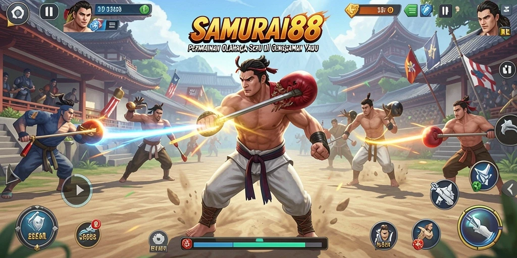 Screenshot gameplay SAMURAI88 menunjukkan aksi seru di lapangan olahraga.