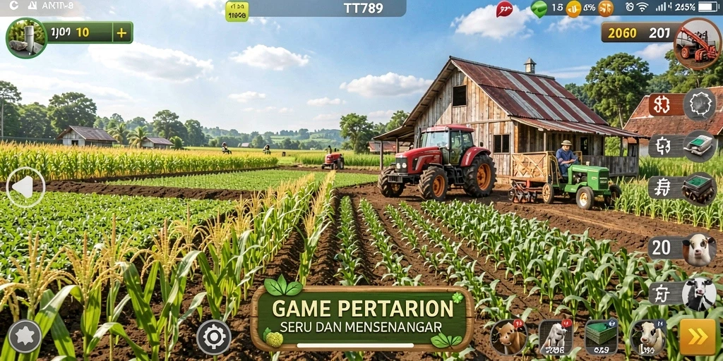 Screenshot gameplay TT789 yang menggambarkan suasana pertanian yang ceria.