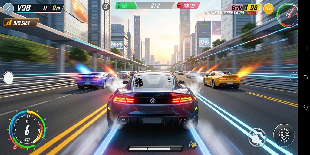 Tampilan gameplay V98 dengan mobil balap yang melaju kencang di trek.
