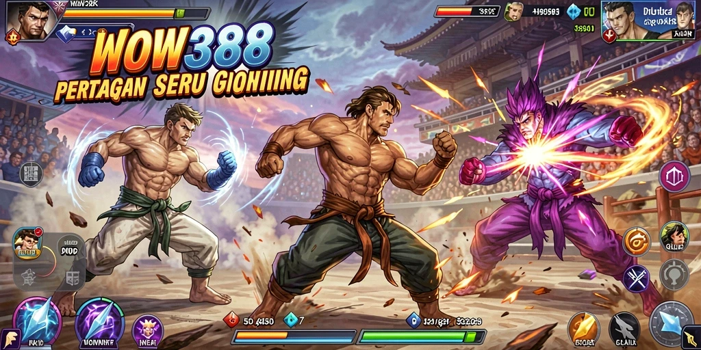 Gameplay WOW388 menampilkan karakter bertarung dengan efek visual yang dramatis.